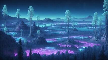 "Frozen Elegance: Enchanting Blue and Pink Forest"