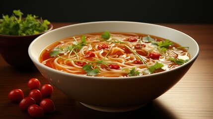  a bowl of soup with noodles, tomatoes, parsley and parsley on a table next to a bowl of parsley.