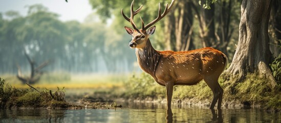 Sambar deer, native to Indian subcontinent and Southeast Asia, is vulnerable due to hunting and declining populations. - obrazy, fototapety, plakaty