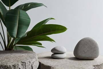 Fototapeta na wymiar Podium for product presentation. Stone and tropical leaves background with empty space.