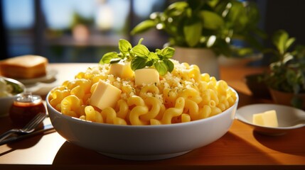  a bowl of macaroni and cheese sits on a table next to a plate of bread and a potted plant.