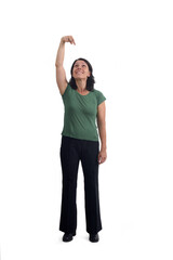 front view of a woman pointing yourself on white background