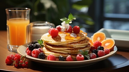  a stack of pancakes sitting on top of a plate next to a glass of orange juice and a glass of orange juice.