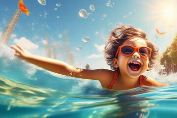 Close-up of a happy boy swimming and diving underwater, child having fun at sea in summer. Active healthy lifestyle, water sports and swimming lessons on summer holidays with a child. - Powered by Adobe