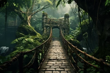 Fototapete Straße im Wald Verdant Jungle bridge forest. Park nature. Generate Ai