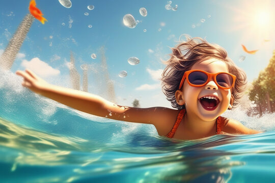 Close-up of a happy boy swimming and diving underwater, child having fun at sea in summer. Active healthy lifestyle, water sports and swimming lessons on summer holidays with a child.