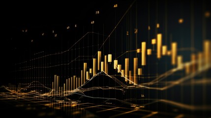 3D rendering of an advanced financial chart with glowing bar and line graphs indicating market trends and data analysis.