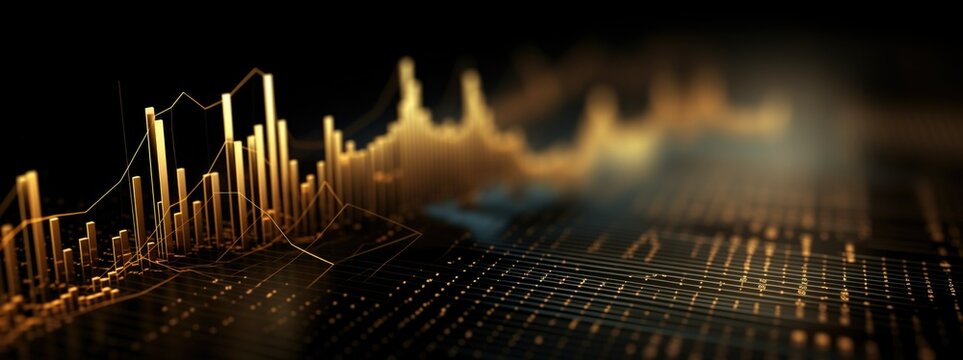 3D rendering of an advanced financial chart with glowing bar and line graphs indicating market trends and data analysis. - Powered by Adobe