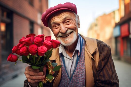 Happy and confident elderly man on the street with a romantic bouquet of flowers.