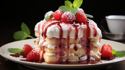  a white plate topped with a strawberry shortcake covered in whipped cream and drizzled with strawberries.
