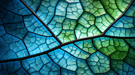 A close-up of a horseradish leaf with a mosaic pattern of cells and veins, featuring a blue-green...