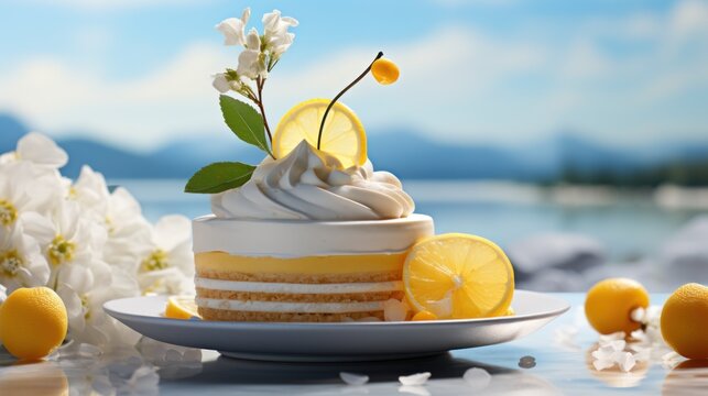  a white plate topped with a cake covered in frosting and topped with lemon slices and a slice of lemon.
