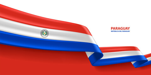 Paraguay 3D ribbon flag. Bent waving 3D flag in colors of the Paraguay national flag. National flag background design.