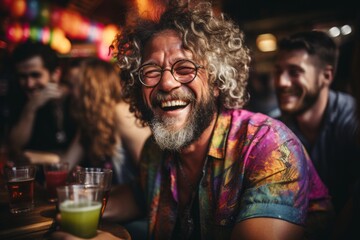 Man with curly gray hair and round glasses, his face breaking into an exuberant smile that is as contagious as it is genuine. Generative AI