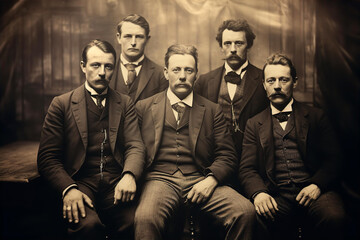 Group of successful business people early 1900th. Vintage photo, history, documentary concept 