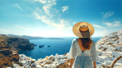 Beautiful young woman silhouette and  iconic landscape of Greece cost with white houses on mountain and blue sea water at sunny summer day