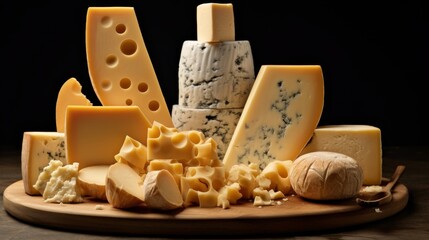 Different types of cheese on a black background - obrazy, fototapety, plakaty