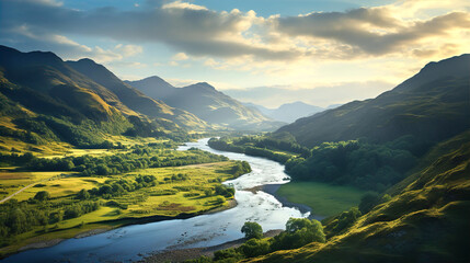 Fototapeta na wymiar Epic Scottish landscupe with grey sky, mountains, river and green fields