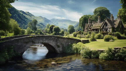 Fototapeta na wymiar Old medieval stone bridge and Highlands river, English rural landscape