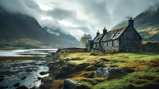 Epic Scottish landscape with stone made cottages, grey sky, mountains, river and green fields