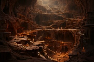 Mysterious Labyrinth cavern. Space interior mountain. Generate Ai