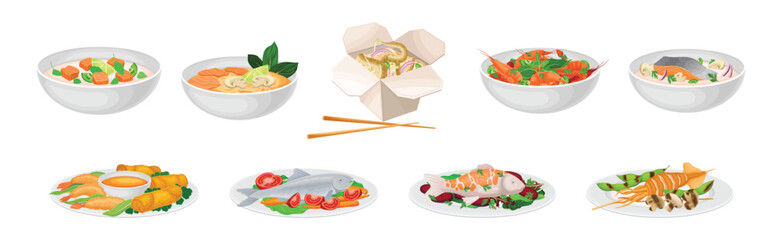 Tasty Seafood Dish and Served Meal Vector Set
