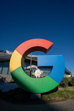 Mountain View, CA, USA - Nov 24, 2023: Giant G logo is seen at Google's new Bay View campus, an all-electric sustainable office complex at the tech giant's headquarters in Mountain View, California.
