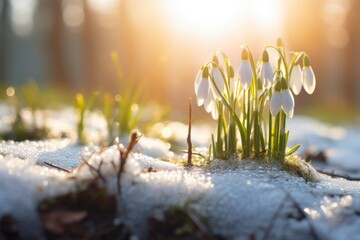 A group of snowdrops are growing out of the snow