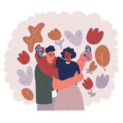 Vector illustration of couple chatting each other while standing on their smart phones together