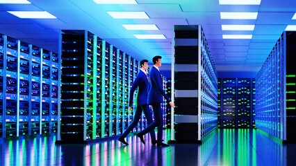 Modern server room, corridor in data centre with Supercomputer racks and businessman monitoring working process. 3D rendering illustration - obrazy, fototapety, plakaty