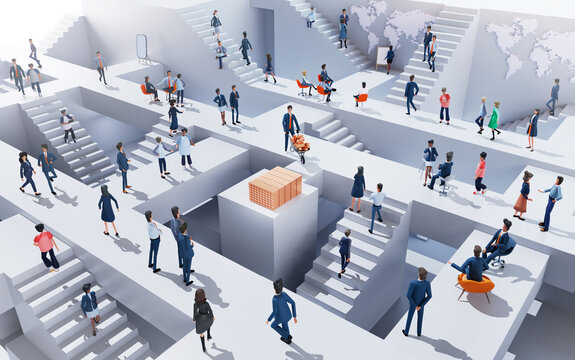 Office workers are running up and down stairs in an abstract business environment around golden ingots, banking, finance concept. Business people collaborating on a project.  3D rendering