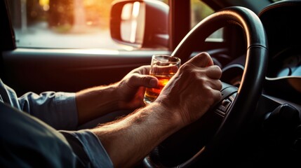 A Person Holding a Glass of Alcohol While Driving - obrazy, fototapety, plakaty