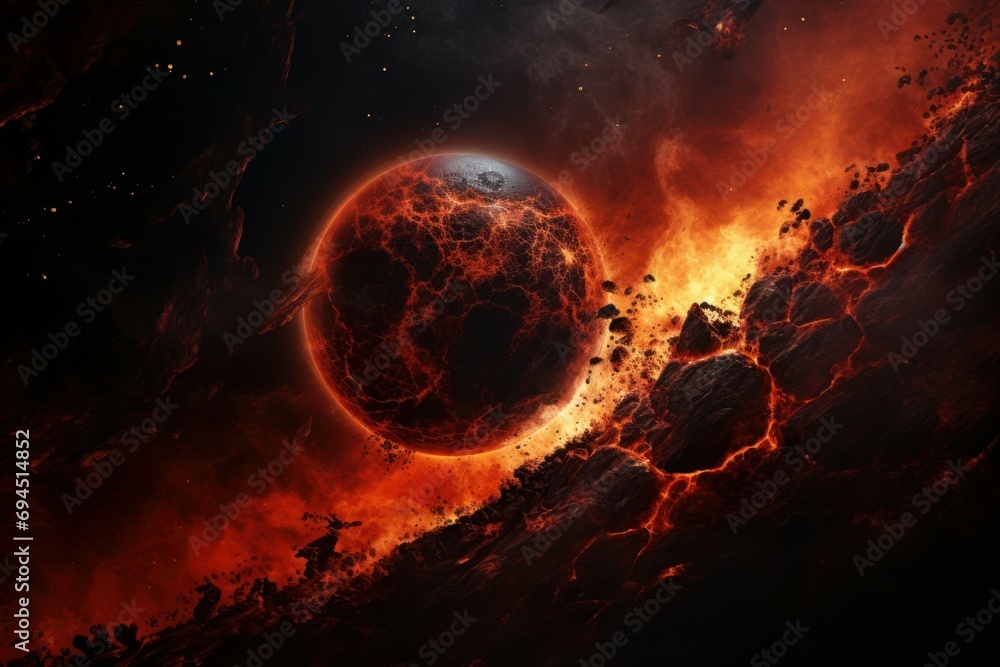 Poster inhospitable lava planet in space. alien volcano. generate ai