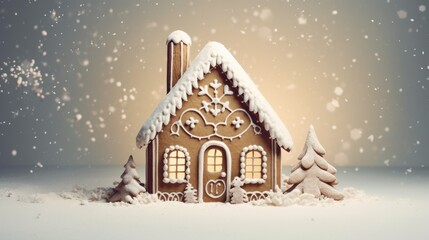  a gingerbread house in the snow with a christmas tree in the foreground and falling snow on the ground.