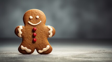  a close up of a gingerbread with icing on it's face and a smile on its face.