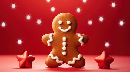  a close up of a ginger with a smile on it's face and two red stars in front of a red background.