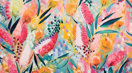  a painting of a bunch of flowers on a blue and pink background with lots of green leaves and flowers on it.