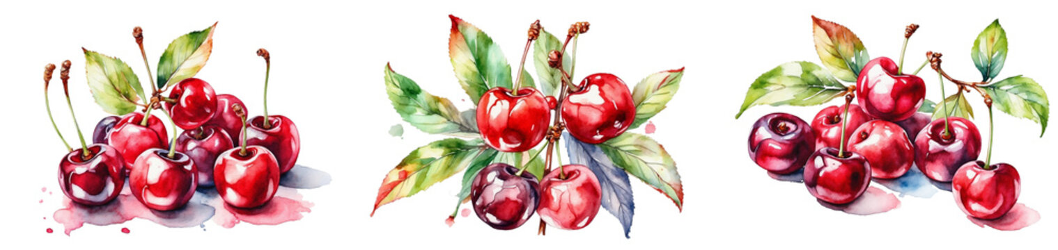 A collection of watercolor cherry in PNG format or on a transparent background. Decorations and watercolor-painted design elements for a project, banner, postcard, business. Fresh berry.