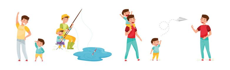 Father and Son Characters Spending Time Together Vector Set