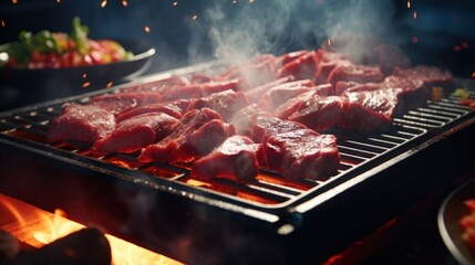  a close up of meat cooking on a grill with a bowl of vegetables in the background and a bowl of salad in the foreground.