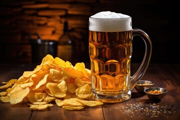 Perfect Pairing: Beer and Chips at the Local Pub - Glass of Cold Beer with Foam and Pint of Chips in the Background