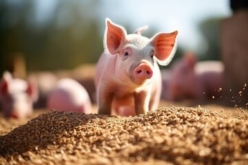 Pig Feed Frenzy: Close-Up of Ravishing Piglets Devouring Granules for Nourishing Fodder on Farm - obrazy, fototapety, plakaty