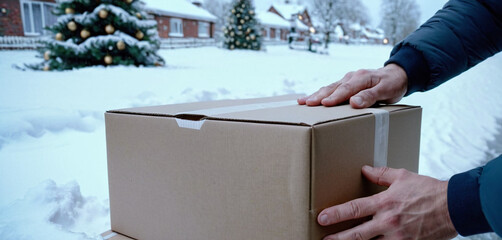 a package delivery at Christmas, postman delivers postal package, snow and winter weather, winter...