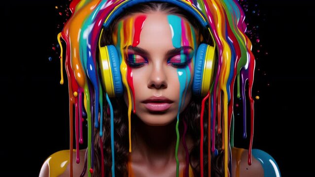 beautiful woman with headphones and colourful rainbow paint dripping down face