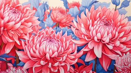  a painting of a bunch of flowers painted on a wall with red, white, and blue flowers on it.