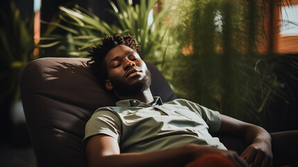 copy space, Young black man taking a nap on a pillow on background. National Napping Day. Young black man resting while tired. Peaceful scene.
