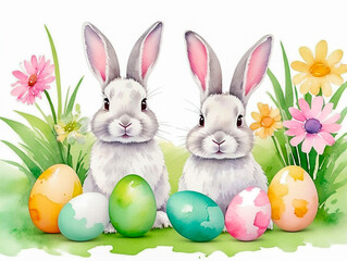 Happy Easter watercolor cards set with cute Easter rabbit, eggs, spring flowers and chick in pastel colors on light green, soft pink and white background. Isolated Easter watercolor decor elements