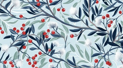  a pattern of red berries and green leaves on a light blue background with white flowers and green leaves on a light blue background.