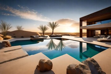 A desert oasis home surrounded by sand dunes, featuring a stunning infinity pool reflecting the vast sky above.