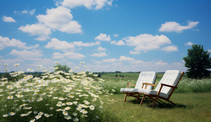 Two chairs on a meadow with daisies and blue sky